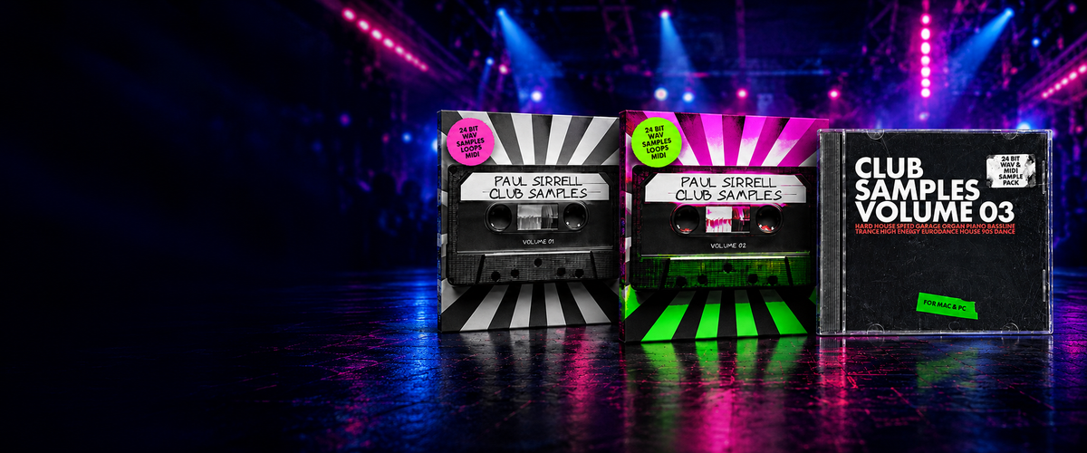 Paul Sirrell Club Samples Volumes 1, 2 and 3 bundle against a dark blue and pink club background