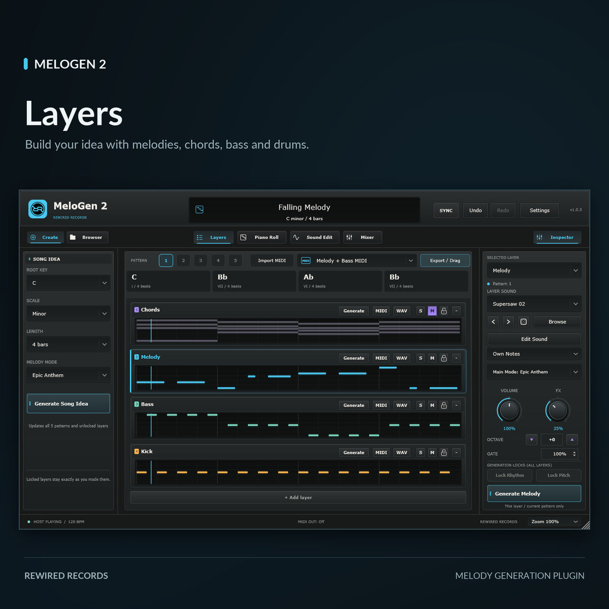 MeloGen 2 Layers view with generated chords, melody, bass and kick patterns