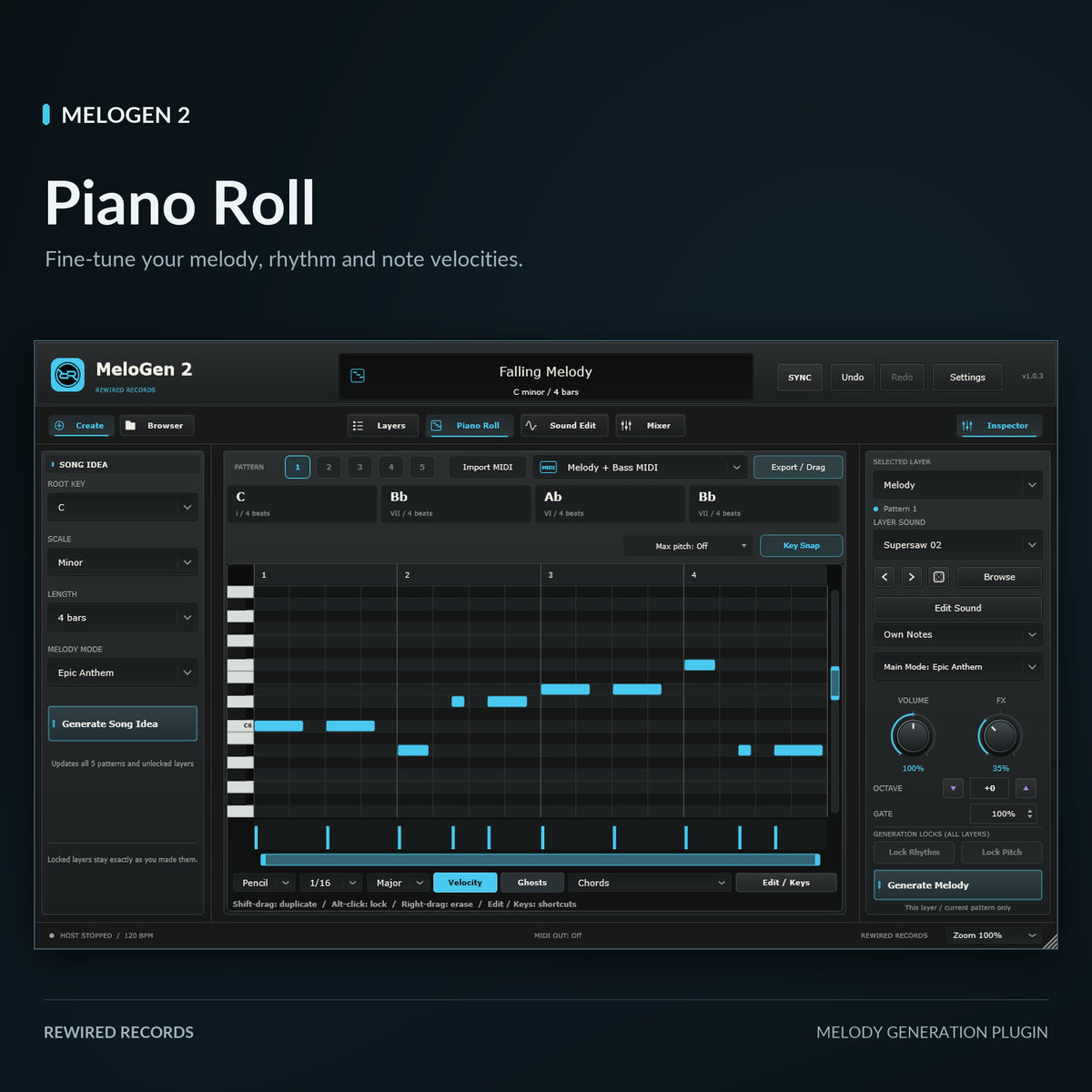 MeloGen 2 Piano Roll with editable melody notes and velocities