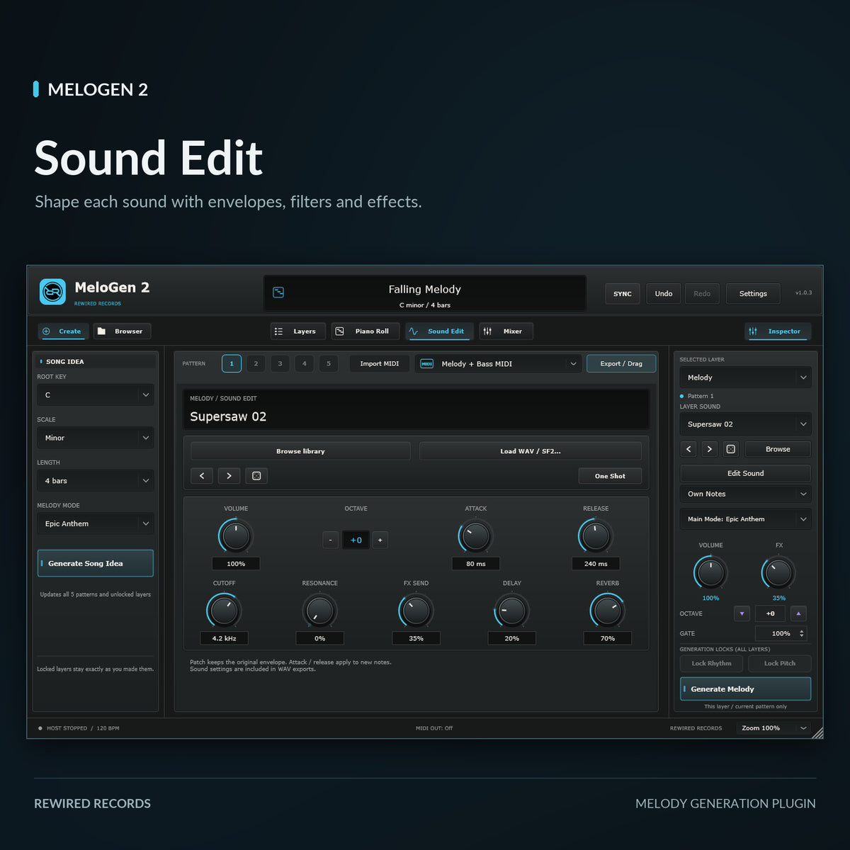 MeloGen 2 Sound Edit with envelope, filter, delay and reverb controls