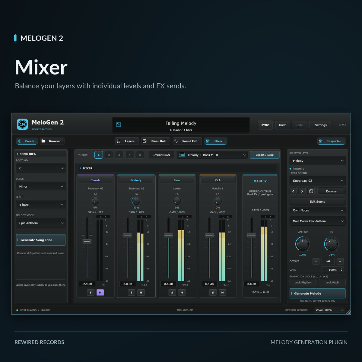 MeloGen 2 Mixer with individual layer levels, FX sends and stereo master meters