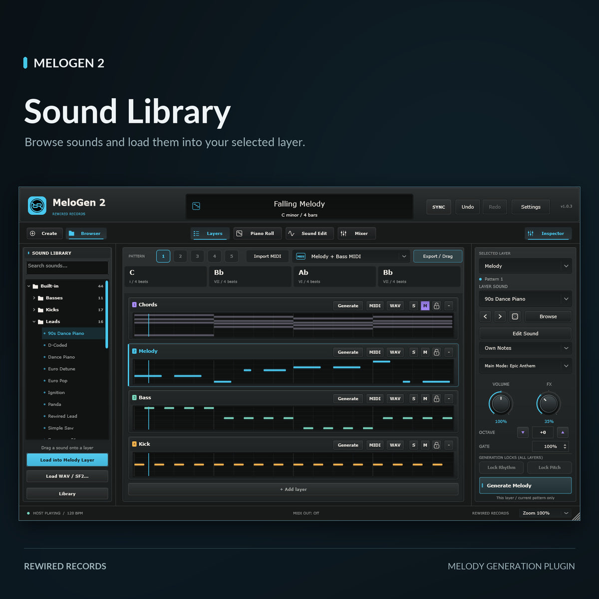 MeloGen 2 Sound Library browser for selecting sounds and loading WAV or SF2 files