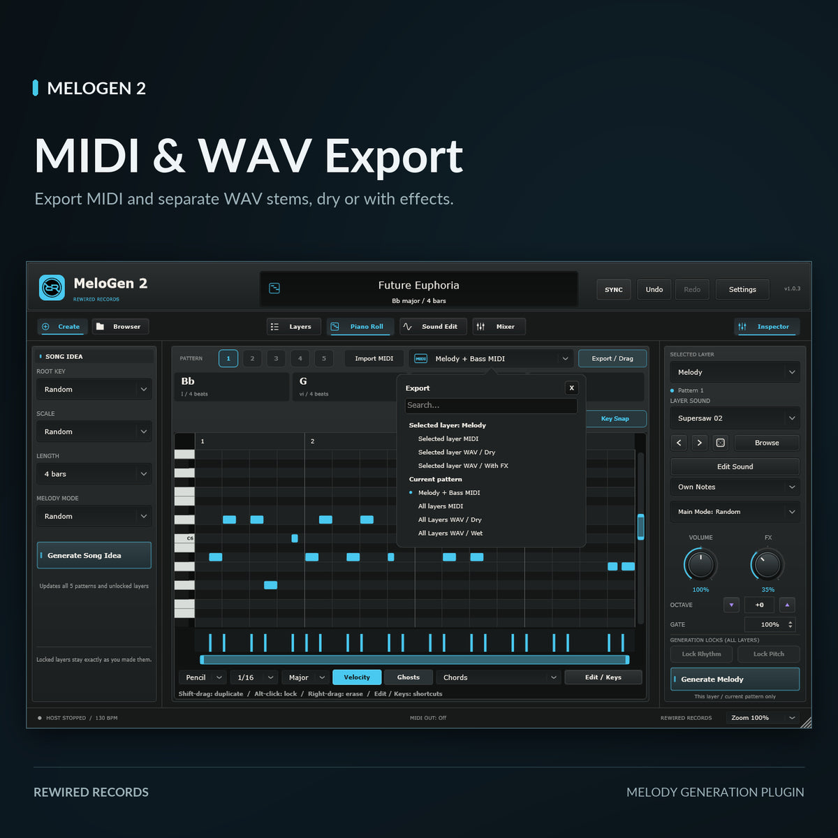MeloGen 2 MIDI and WAV export menu with selected-layer and all-layer options