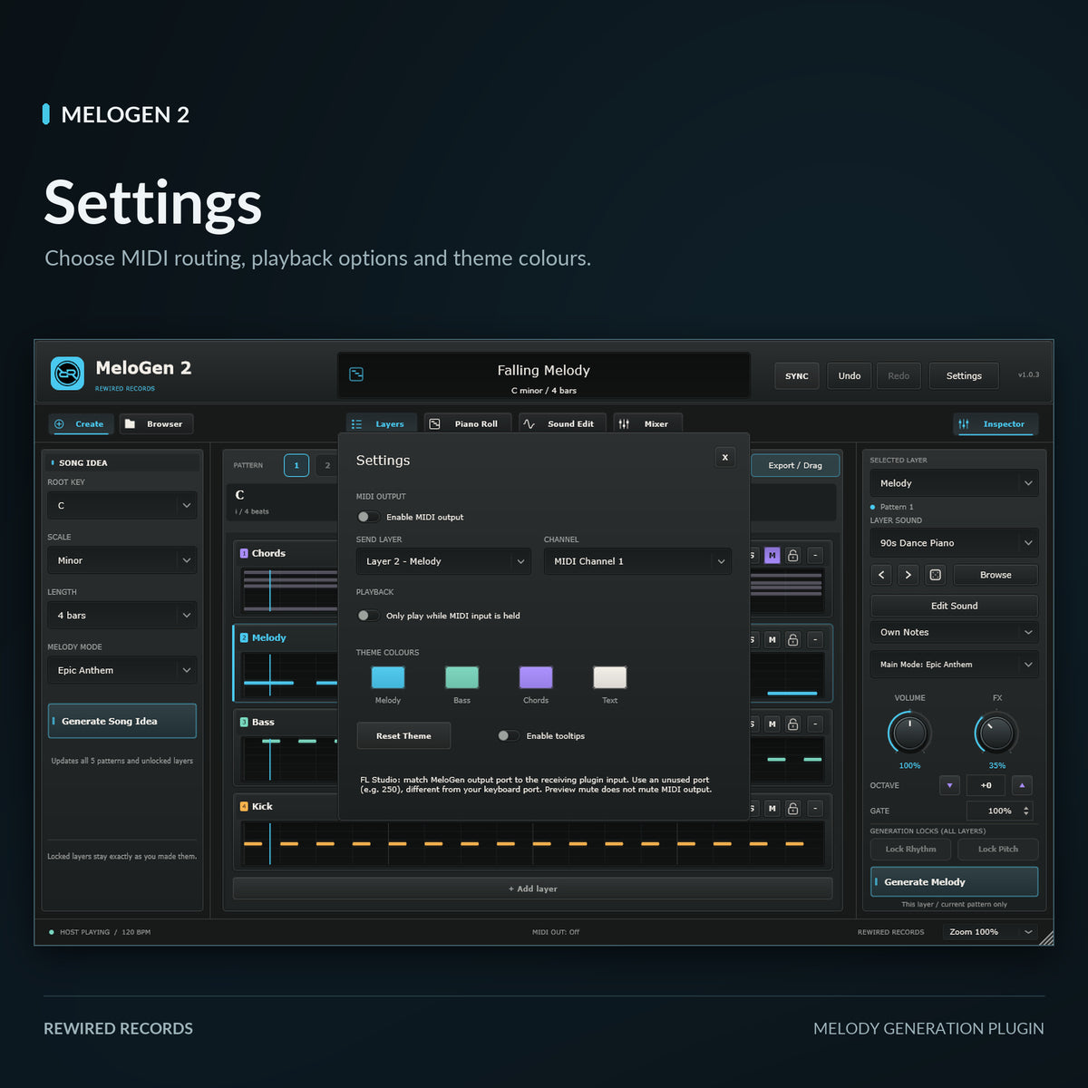 MeloGen 2 Settings for MIDI output layer and channel, playback and theme colours