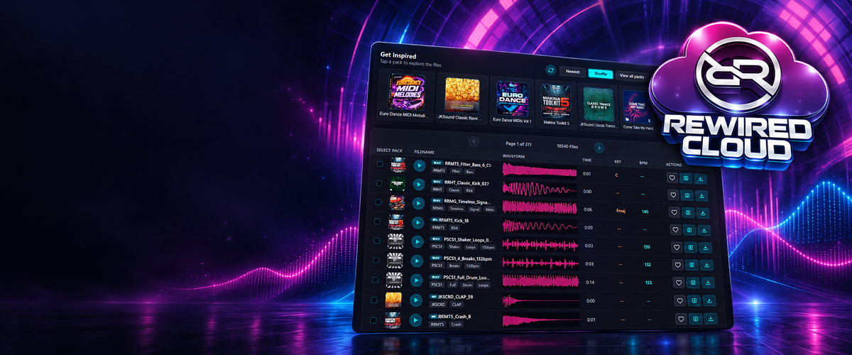 Rewired Cloud logo and sample library with cyan controls and magenta waveforms on a purple background